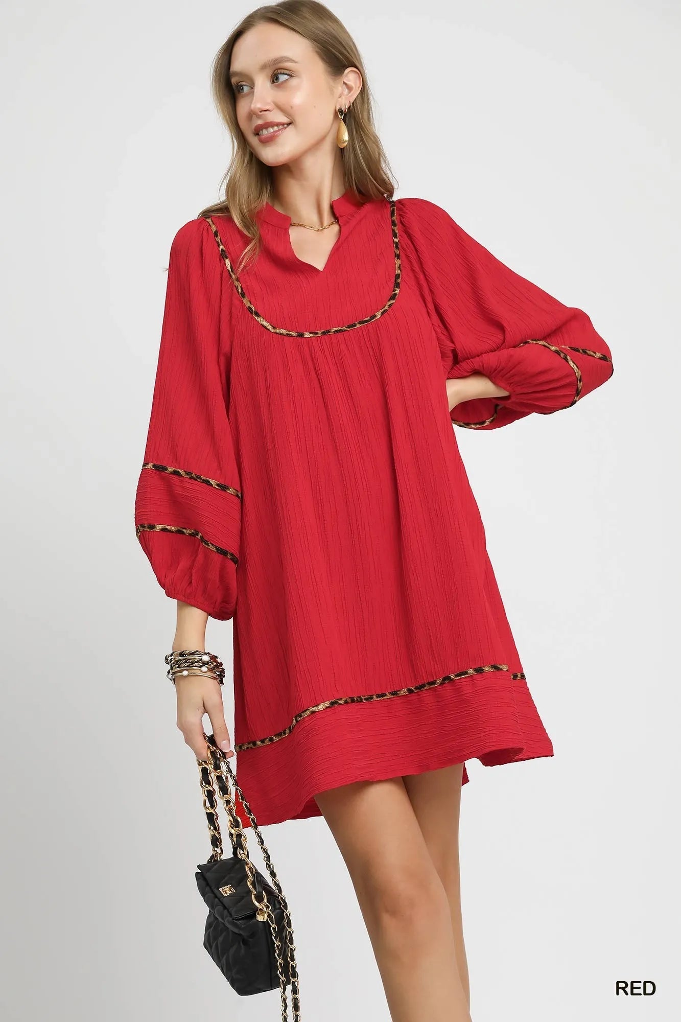 Textured Babydoll Dress with Leopard Trim - Red - product view 1