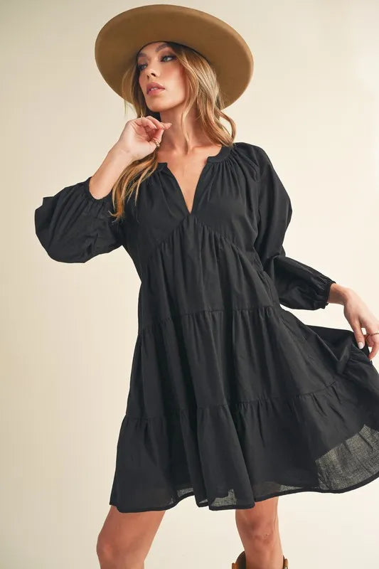 Notched Balloon Sleeve Tiered Mini Dress - Black - product view 1