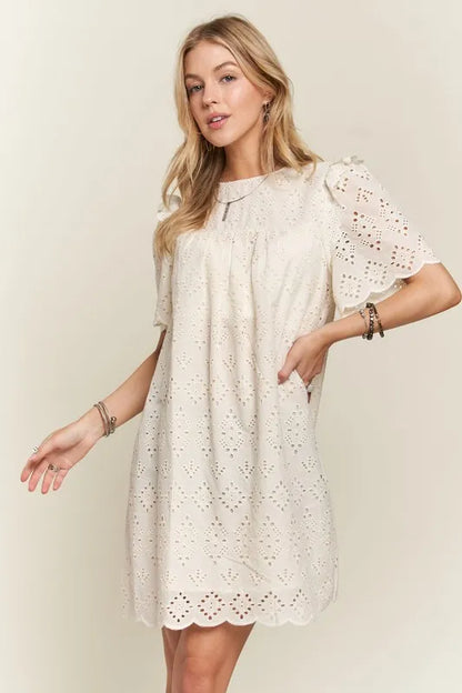 Ruffled Eyelet Round Neck Dress in Natural - product view 4