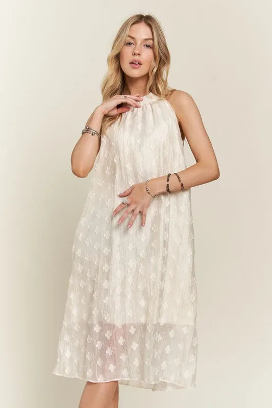 Applique Pearl Detail Grecian Neck Midi Dress in Beige - product view 6