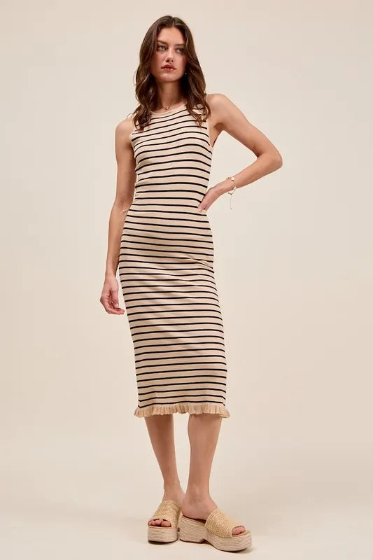 Stripe Sleeveless Sweater Knit Maxi Dress With Ruffled Hem - Oatmeal/Black - product view 4