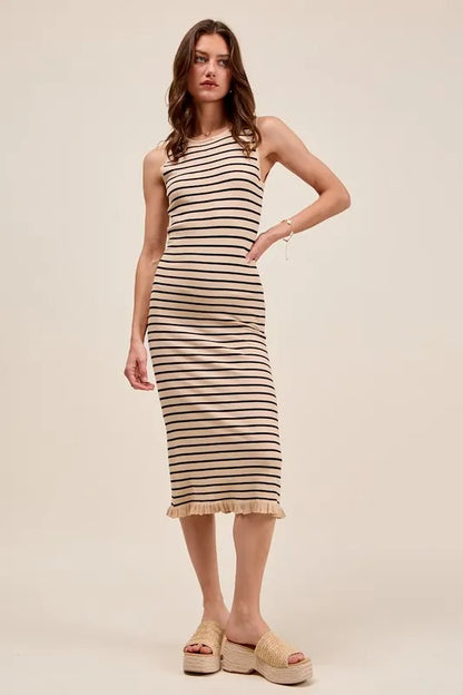 Stripe Sleeveless Sweater Knit Maxi Dress With Ruffled Hem - Oatmeal/Black - product view 4