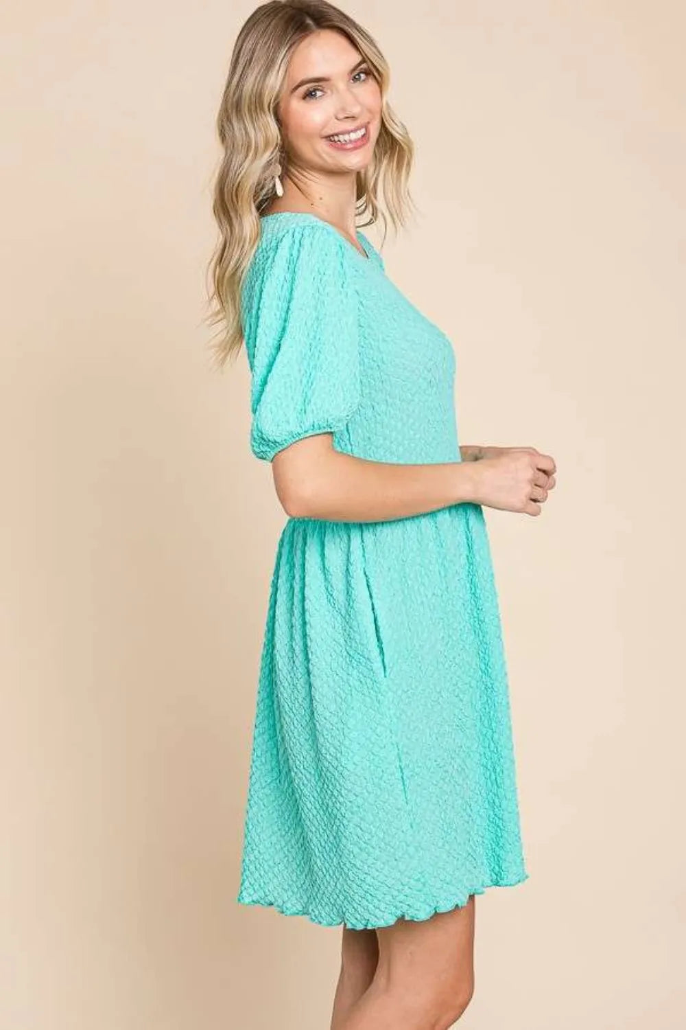 Full Size Textured Round Neck Puff Sleeve Dress in Mint - product view 3
