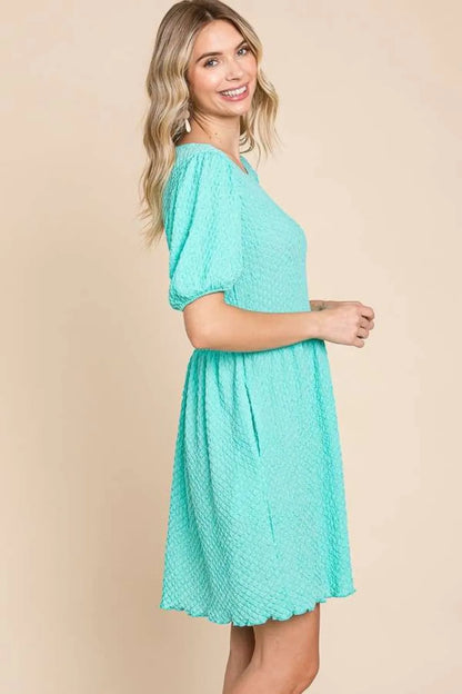 Full Size Textured Round Neck Puff Sleeve Dress in Mint - product view 3