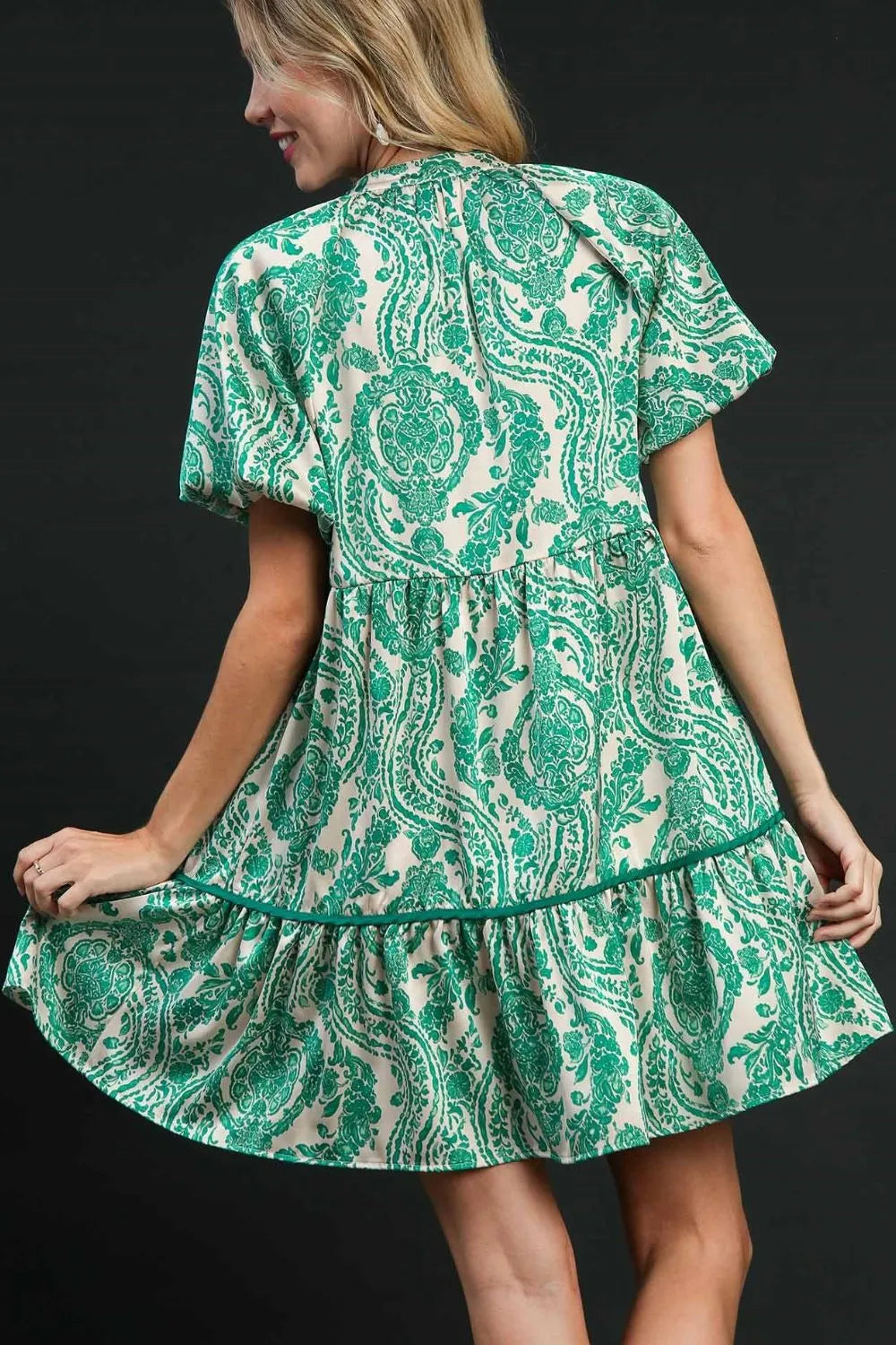 Full Size Printed Notched Puff Sleeve Mini Dress Plus Size - Teal - product view 2