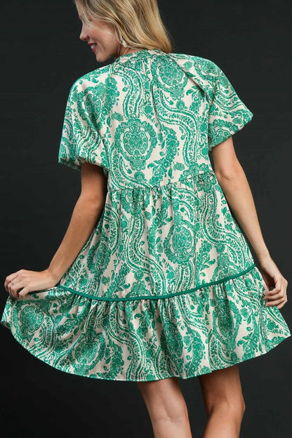 Full Size Printed Notched Puff Sleeve Mini Dress Plus Size - Teal - product view 2
