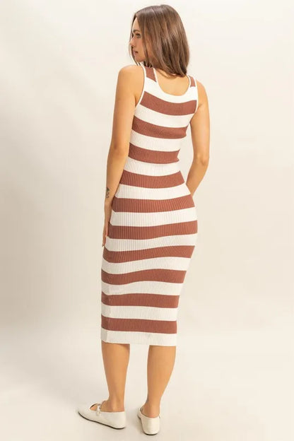 Striped Scoop Neck Wide Strap Knit Dress in Caramel - product view 4