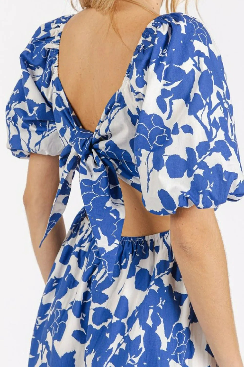 Cutout Back Floral Sweetheart Neck Puff Sleeve Dress in Royal - product view 4