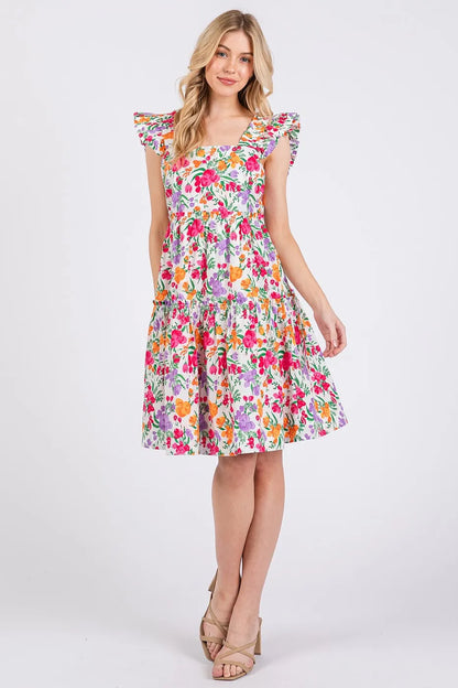 Flower Print Ruffle Shoulder A-line Mini Dress in Ivory Multi - product view 6