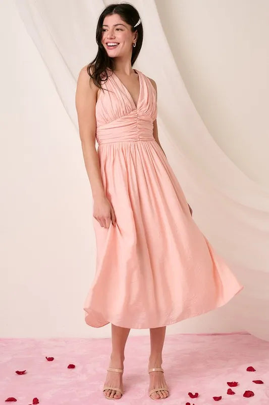 Ruched V-Neck Sleeveless Midi Dress in Blush - product view 1