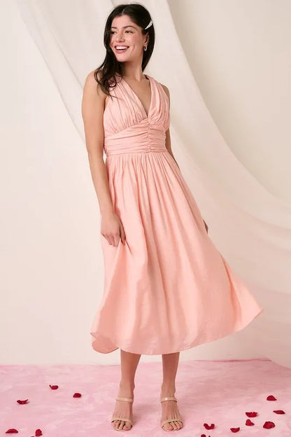 Ruched V-Neck Sleeveless Midi Dress in Blush - product view 1