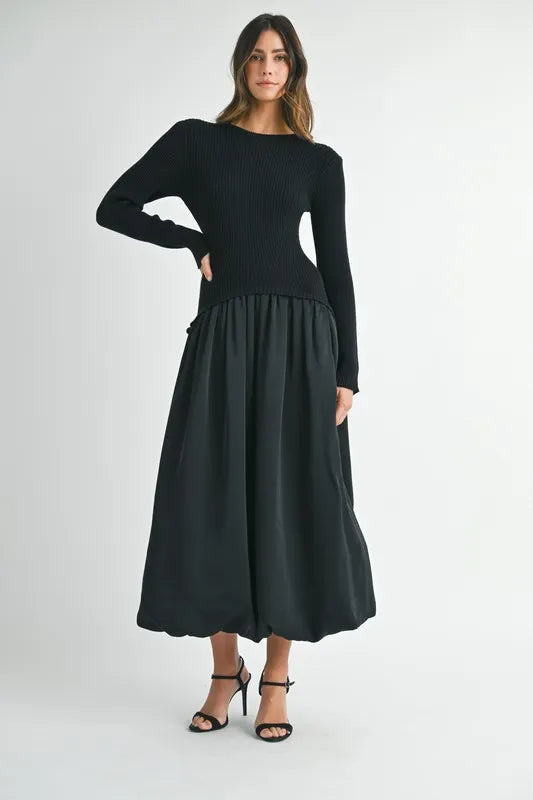 Ribbed Poplin Mix Midi Sweater Dress in Black - product view 2