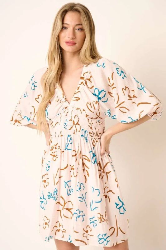 Flower Print Mocked Waist Mini Dress in Teal Combo - product view 2