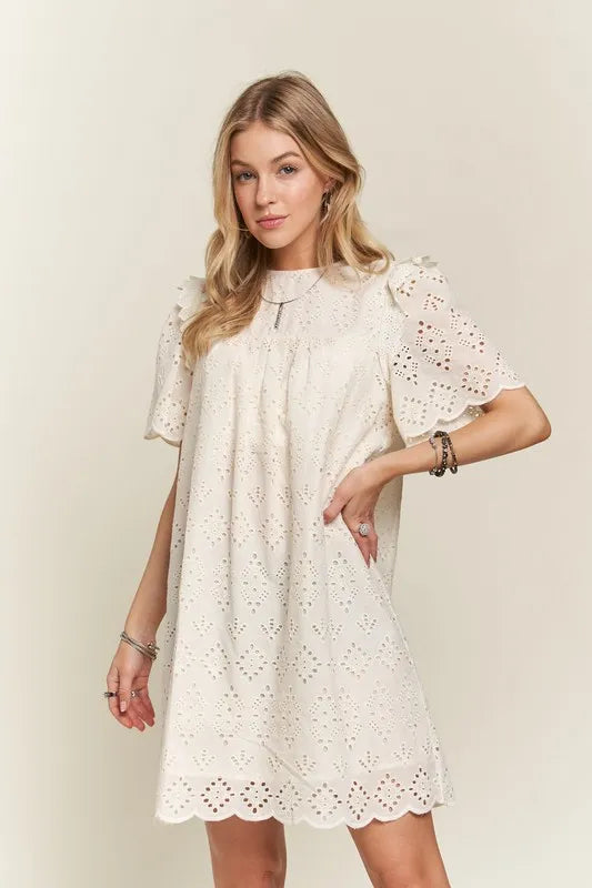Ruffled Eyelet Round Neck Dress in Natural - product view 7