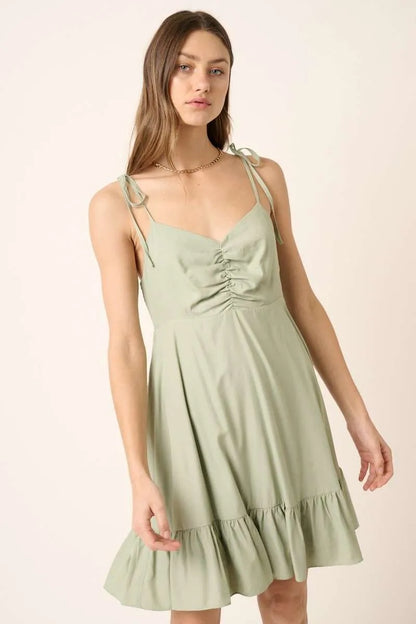 Ruched Detail Spaghetti Tie Mini Dress - Sage - product view 3