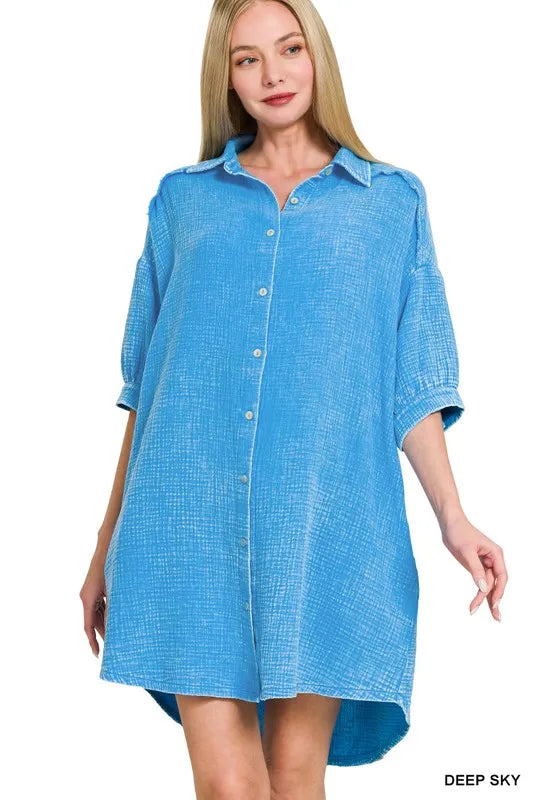 Washed Double Gauze Button Down Shirt Dress - Deep Sky - product view 4