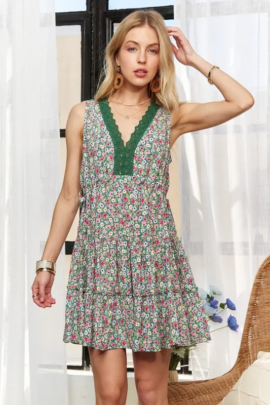 Lace Detail V-Neck Sleeveless Mini Dress in Dark Green - product view 2
