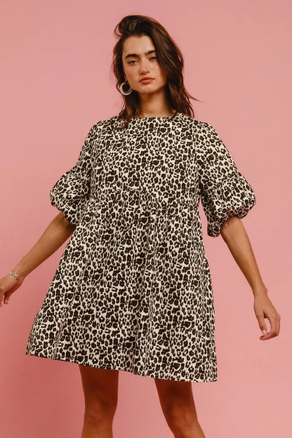 Leopard Denim Dress With Back Contrast Tie Detail in Off White Leopard - product view 1