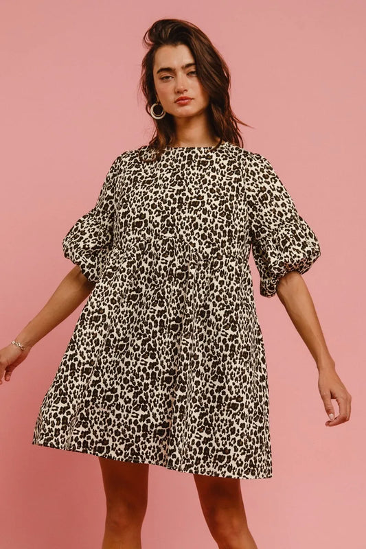 Leopard Denim Dress With Back Contrast Tie Detail in Off White Leopard - product view 1