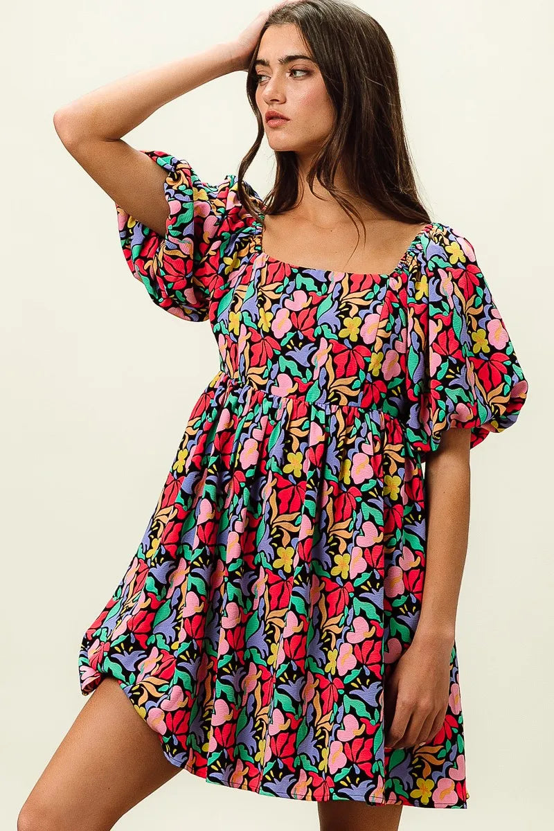 Floral Print Puff Square Neck Dress in Black Multi - product view 6