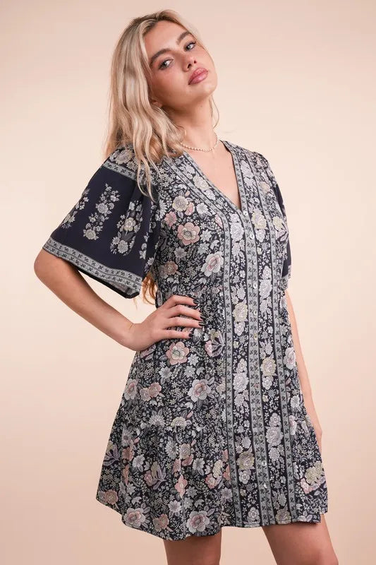 Shirring Detail Printed Woven Mini Dress in Navy Mix - product view 2