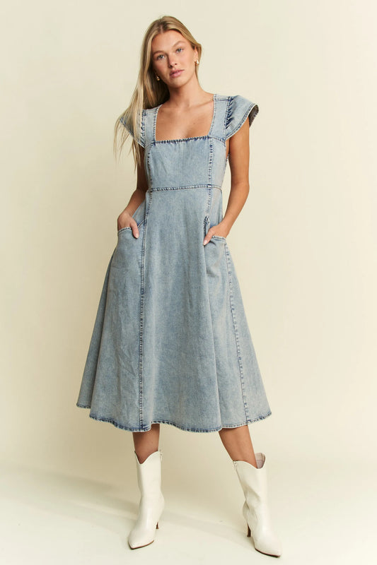 Full Size Ruffled Denim Midi Dress Plus Size in Denim Blue - product view 1