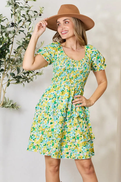 Smocked Scoop Neck Flounce Sleeve Mini Dress in Yellow - product view 1