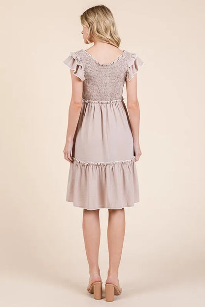 Ruffle Trim Smocked Dress with Contrast in Taupe - product view 3