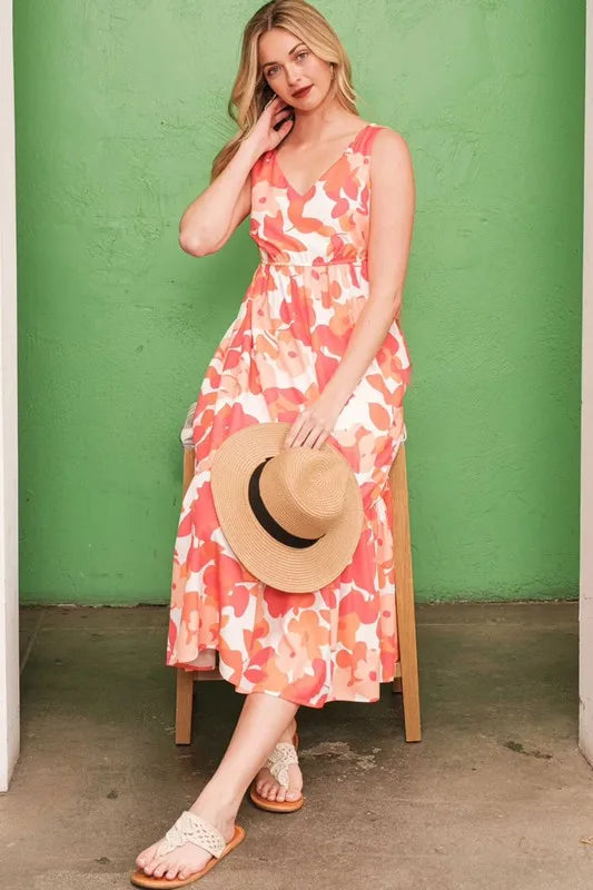 Sleeveless Floral Print V-Neck Midi Dress in Orange - product view 7