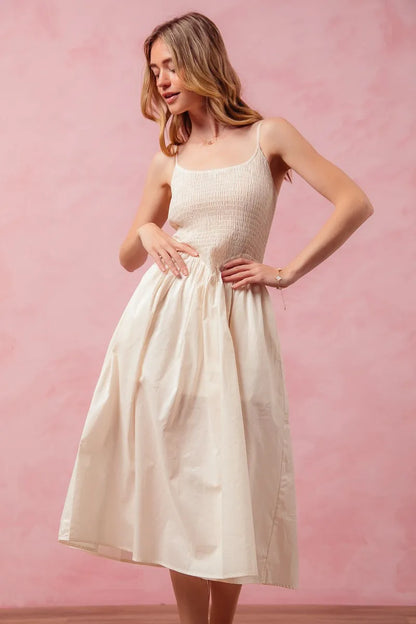 Smocked Sleeveless Casual Everyday Dress With Slit - Cream - product view 6