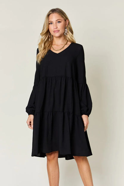 Full Size V-Neck Balloon Sleeve Tiered Dress with Pockets in Light Green, Pink and more - product view 21
