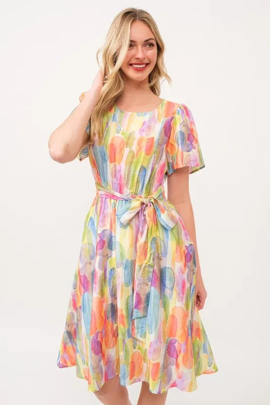 Watercolor Print Tie Front Midi Dress - Orange Combo - product view 5