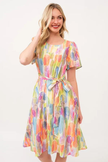 Watercolor Print Tie Front Midi Dress - Orange Combo - product view 5