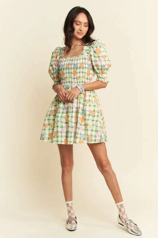 Fruits Printed Smocking Mini Dress - Sage - product view 5