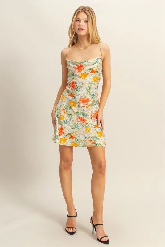 Floral Cowl Neck Flirty Satin Mini Dress - Apple Green - product view 4