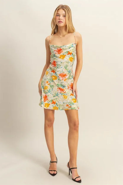 Floral Cowl Neck Flirty Satin Mini Dress - Apple Green - product view 4