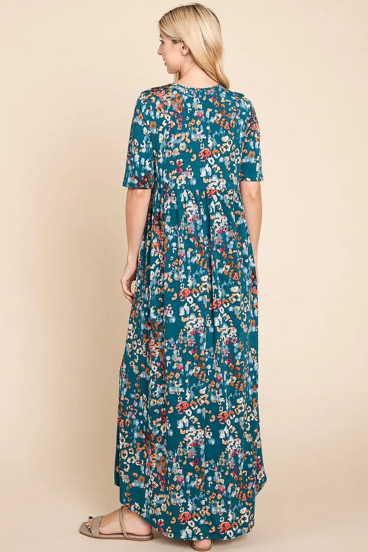 Printed Shirred Maxi Dress - Teal - product view 2