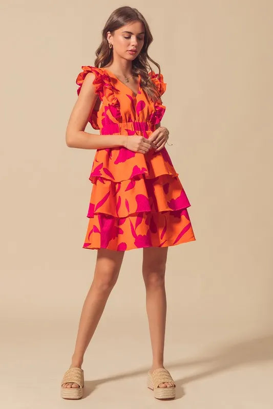 Floral V Neck Layered Dress with Elasticized Waist in Orange/Fuchsia - product view 6