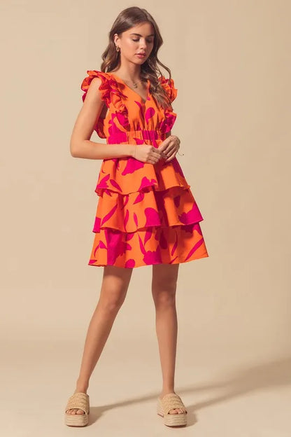 Floral V Neck Layered Dress with Elasticized Waist in Orange/Fuchsia - product view 6