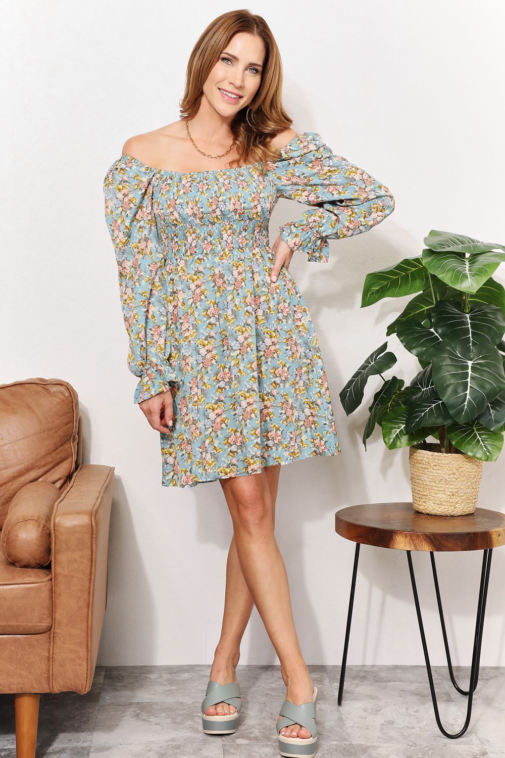 Honey Floral Smocked Flounce Sleeve Square Neck Dress - product view 6