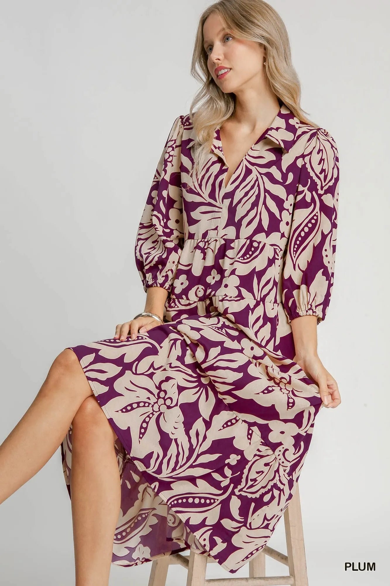 Floral Print Tiered Midi Dress - Plum - product view 2