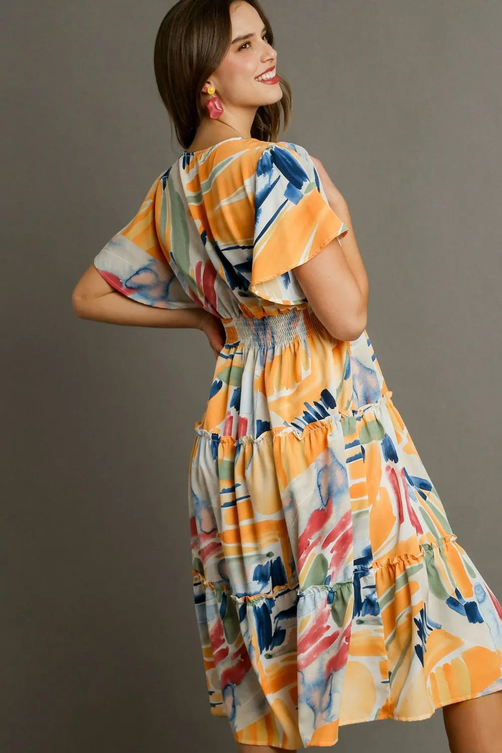 Full Size Abstract Print Flutter Sleeve Frill Tiered Midi Dress Plus Size in Tangerinemix - product view 7
