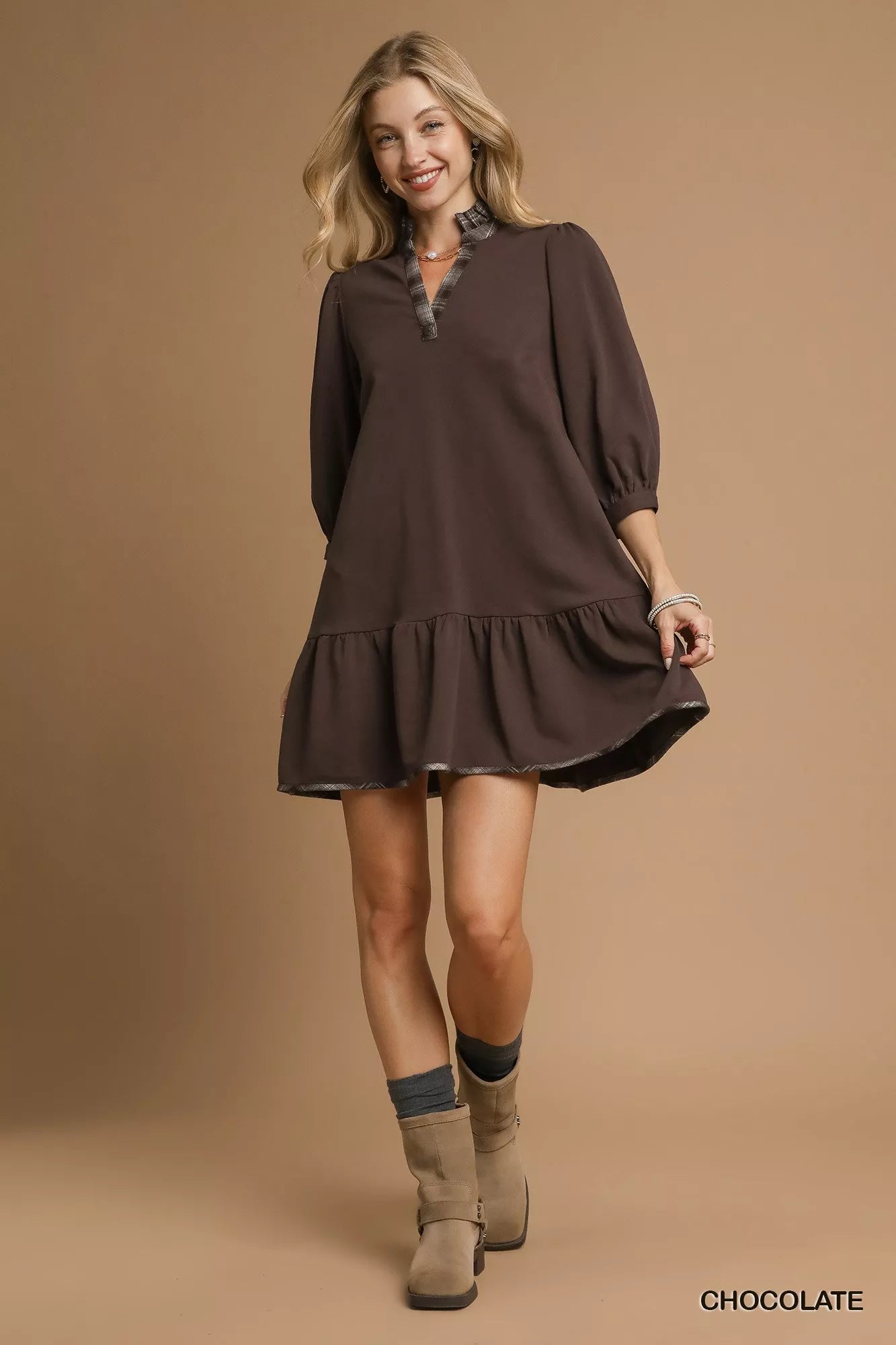 French Terry Ruffle Hem Dress with Plaid Trim - Chocolate - product view 4