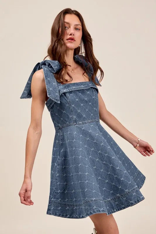 A-Line Fit and Flare Diamond Bow Ribbon Denim Dress - product view 4