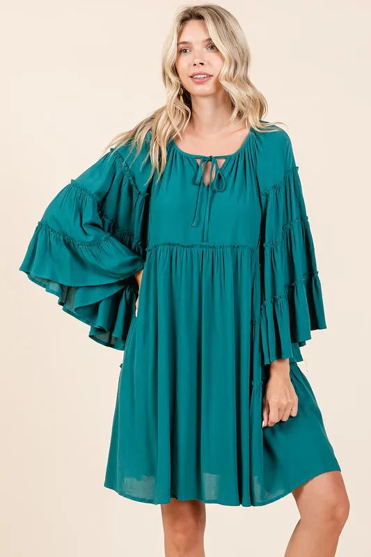 Frill Tie Neck Bell Sleeve Dress - Teal Green - product view 1