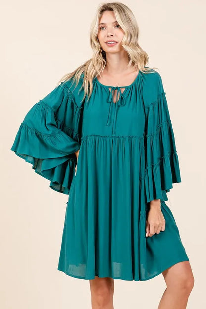 Frill Tie Neck Bell Sleeve Dress - Teal Green - product view 1