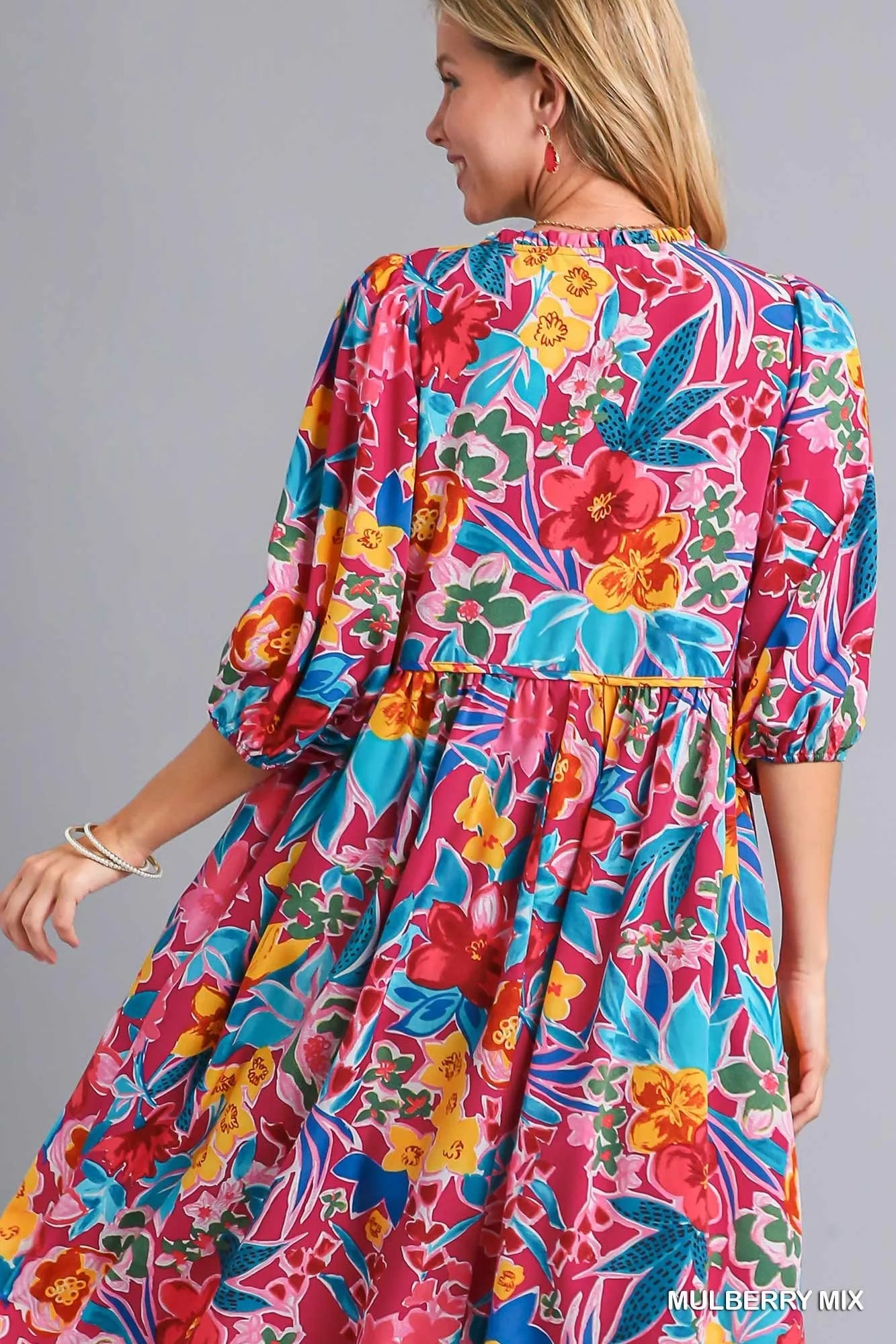 Full Size Floral Print Tie Neck Midi Dress with Pockets Plus Size in Mulberry Mix - product view 4