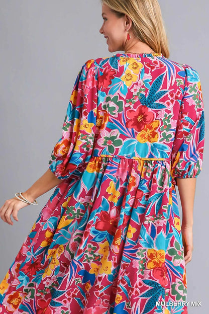 Full Size Floral Print Tie Neck Midi Dress with Pockets Plus Size in Mulberry Mix - product view 4