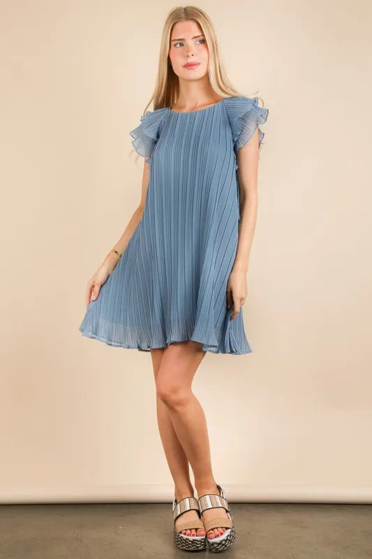 Plus Size Ruffle Sleeve Pleated Woven Mini Dress in Denim - product view 1