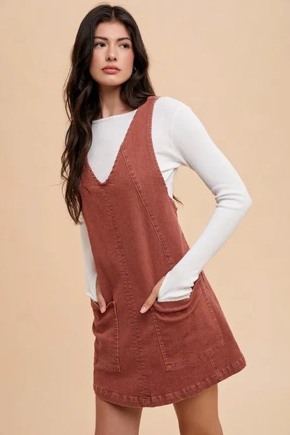 V-Neck Adjustable Strap Denim Overall Dress with Pockets - Rust - product view 2